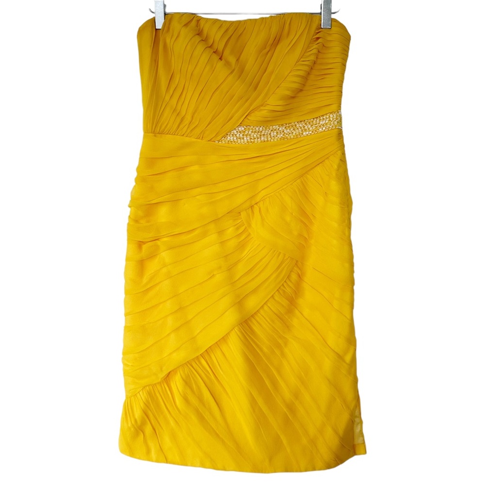 Monique Lhuillier 100% Silk Bright Yellow Beaded Strapless Mini Dress Size 8